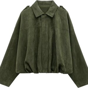 Oversized Olive Green Faux Suede Cropped Bomber Jacket XS Fits S-L